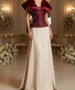 فستان سهرة بلونين بقصة كورسيه مطرزة وأكمام بارزة – عنابي وبيج