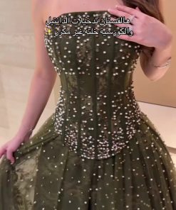 Alternative view of فستان سهرة أخضر زيتي مطرز باللؤلؤ