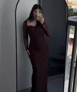 Alternative view of فستان سهرة بني داكن دانتيل وأكمام طويلة