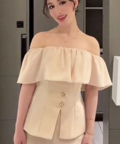 فستان سهرة شامبانيا ناعم بتصميم أنيق وطبقات شيفون