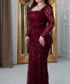 فستان سهرة عنابي فخم أكمام طويلة