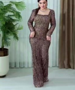 فستان سهرة بني ترتر