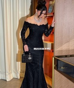 فستان سهرة أسود دانتيل فاخر بقصة أنيقة وأكمام طويلة