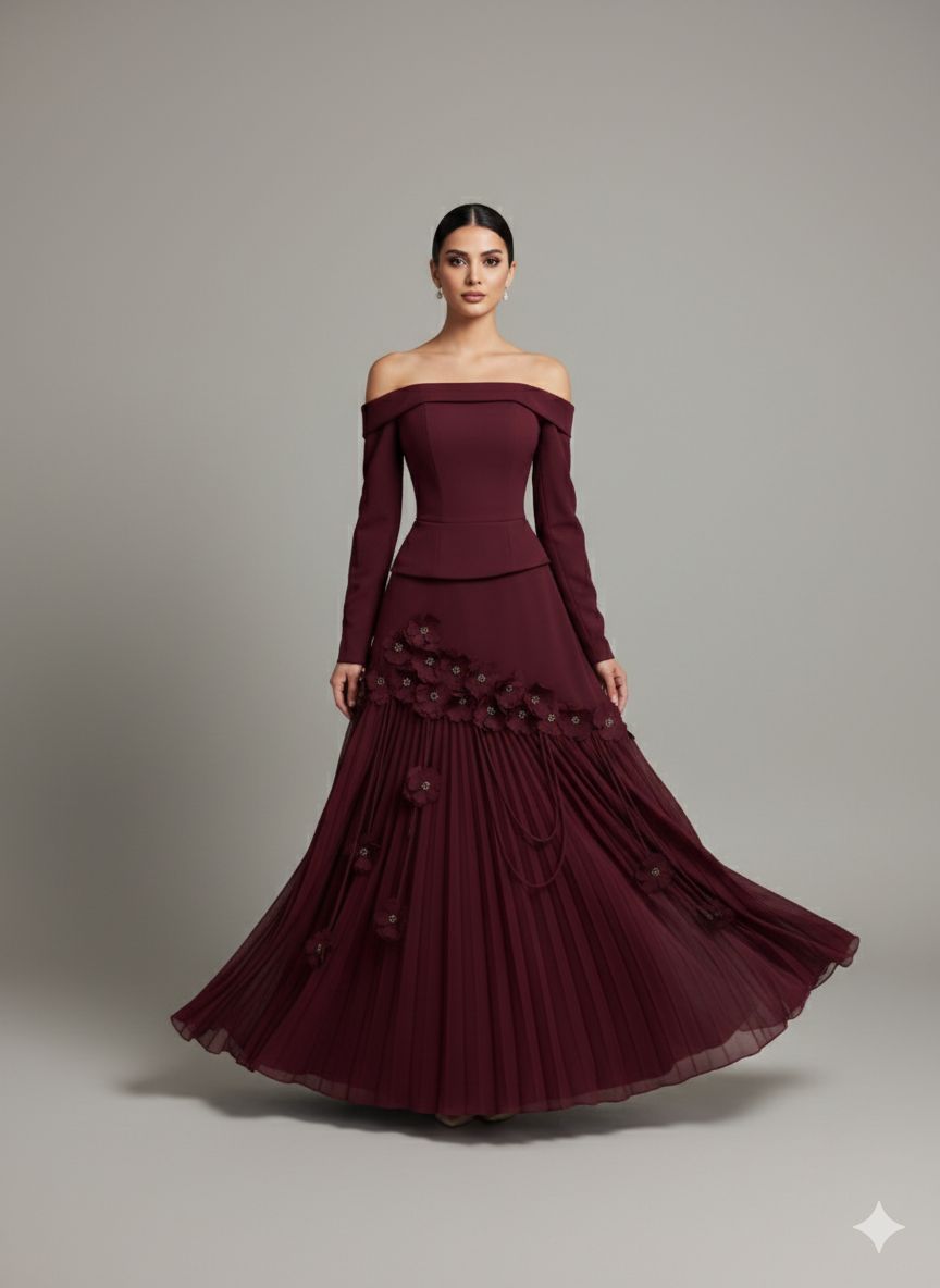 فستان سهرة عنابي فاخر