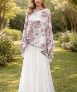 فستان شيفون أبيض بنقشة وردية أنيقة