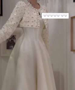 فستان سهرة أبيض فخم مع جاكيت مطرز