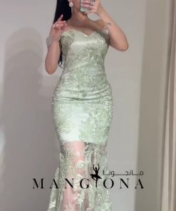 فستان سهرة أخضر فاتح مطرز