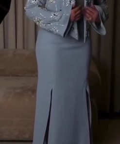 طقم فستان سماوي فاتح مع جاكيت مطرّز فاخر