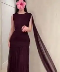 فستان سهرة خمري طويل بشال شيفون فاخر
