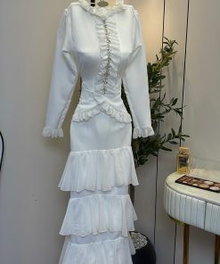 Alternative view of فستان أبيض طويل بكشكش أنيق وأكمام طويلة