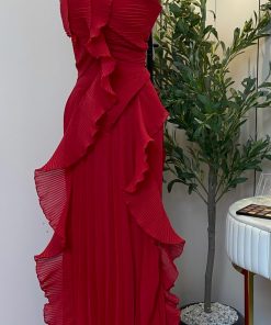 Alternative view of فستان سهرة أحمر طويل بكشكش انسيابي