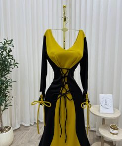 Alternative view of فستان سهرة أسود وليموني بقصة ميرميد ورباط أنيق