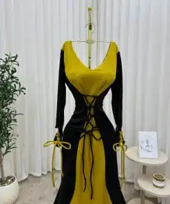 Alternative view of فستان سهرة أسود وليموني بقصة ميرميد ورباط أنيق