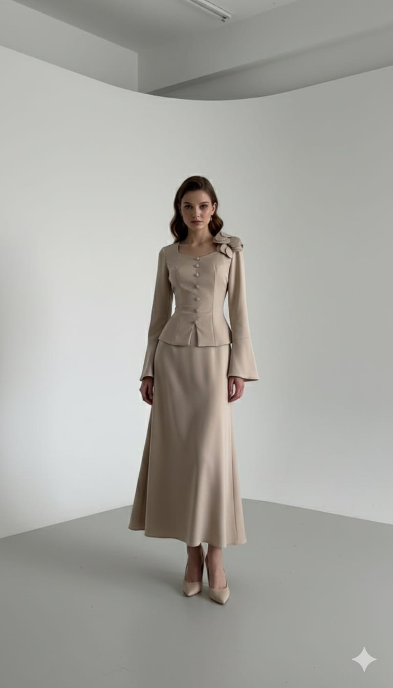 فستان بيج رسمي نسائي بجيبة طويلة