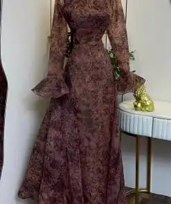 Alternative view of فستان سهرة بني أنيق بكم طويل وقصة واسعة
