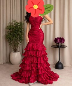 فستان سهرة أحمر فاخر بطبقات شيفون وتصميم كورسيه جذاب | متجر روزيتا