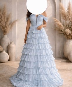 فستان سهرة سماوي فاخر بطبقات شيفون وتصميم أوف شولدر أنيق | روزيتا