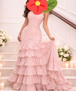 فستان سهرة وردي فاخر بطبقات شيفون وتصميم كورسيه أنيق | متجر روزيتا