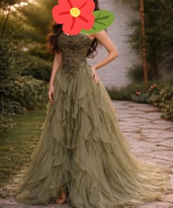 فستان سهرة زيتي فاخر بطبقات شيفون