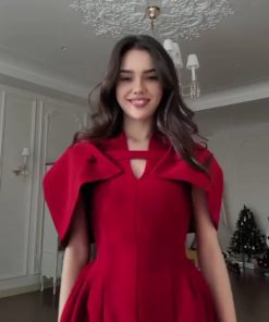 Alternative view of فستان أحمر ميدي بقصة كلاسيكية وياقة أنيقة