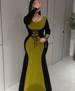 فستان سهرة أسود وليموني بقصة ميرميد ورباط أنيق