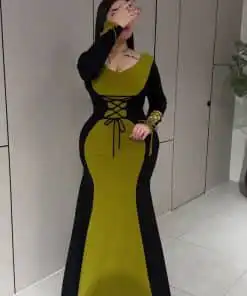 فستان سهرة أسود وليموني بقصة ميرميد ورباط أنيق