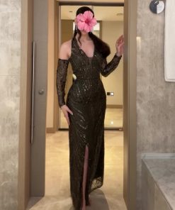 فستان سهرة زيتي فاخر