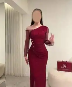 فستان سهرة عنابي فاخر بكتف واحد