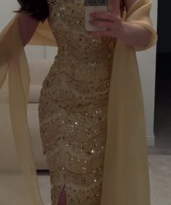 فستان سهرة ذهبي مطرز فاخر