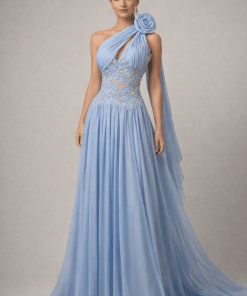 فستان سهرة أزرق سماوي بتصميم وردة أنيق وشيفون فاخر