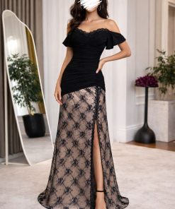 فستان سهرة أسود أوف شولدر بدانتيل