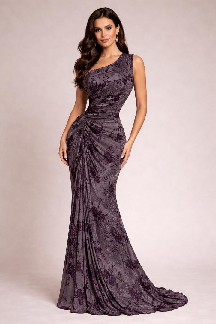 فستان سهرة أنيق كتف واحد بنقشة ورود