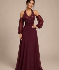 فستان سهرة خمري فاخر بتطريز لامع