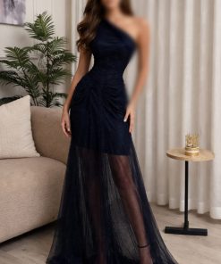 فستان سهرة كحلي فاخر كتف واحد