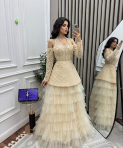 فستان سهرة طويل دانتيل وتول