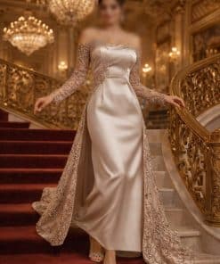 فستان سهرة طويل بيج مطرز تصميم فاخر للمناسبات الراقية