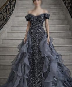 فستان سهرة رمادي فاخر أوف شولدر بذيل أورجنزا ملكي