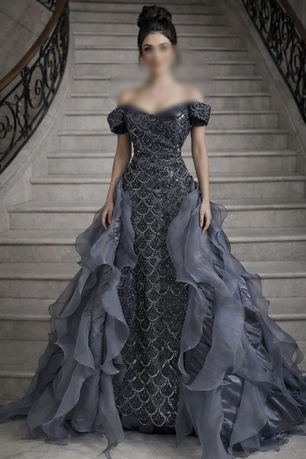 فستان سهرة رمادي فاخر أوف شولدر بذيل أورجنزا ملكي