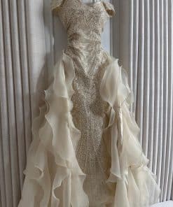 Alternative view of فستان سهرة فاخر أوف شولدر بتطريز لامع وذيل أورجنزا ملكي