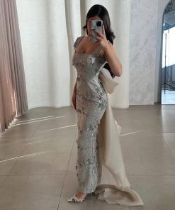 Alternative view of فستان سهرة زيتي فاتح فاخر بتطريز لامع وذيل أورجنزا أنيق