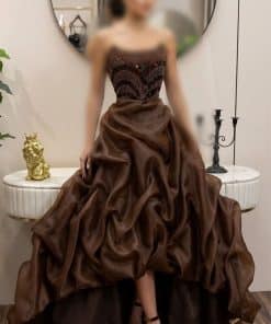 فستان سهرة بني غامق فاخر بتطريز لامع وذيل أورجنزا أنيق