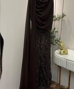 Alternative view of فستان سهرة بني فاخر بتطريز لامع مع كاب أنيق