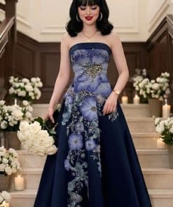 فستان سهرة كحلي منفوش بتطريز زهور ثلاثي الأبعاد فاخر