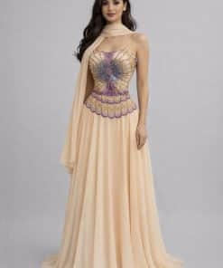 فستان سهرة شامبين مطرز بوشاح شيفون فاخر