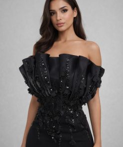 Alternative view of فستان سهرة أسود فاخر أوف شولدر بذيل طويل وتفاصيل راقية