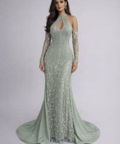 فستان سهرة زيتي فاتح فخم بتطريز لامع | فساتين مناسبات في السعودية