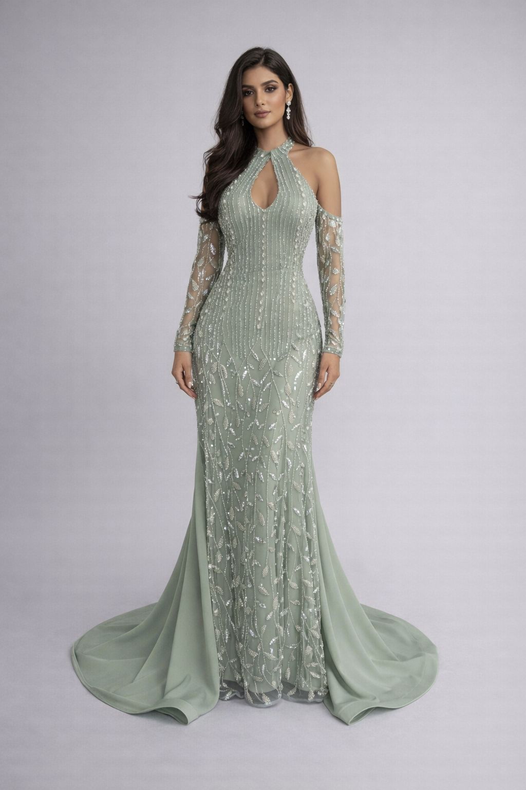 فستان سهرة زيتي فاتح فخم بتطريز لامع | فساتين مناسبات في السعودية