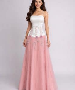 فستان سهرة أبيض ووردي فخم بتطريز لامع | فساتين حفلات في السعودية – روزيتا