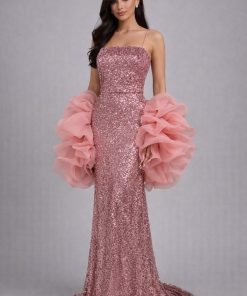 فستان سهرة وردي لامع فخم بذيل طويل | فساتين حفلات ومناسبات في السعودية