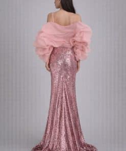 Alternative view of فستان سهرة وردي فاخر لامع بذيل طويل وأكمام أورجنزا فخمة